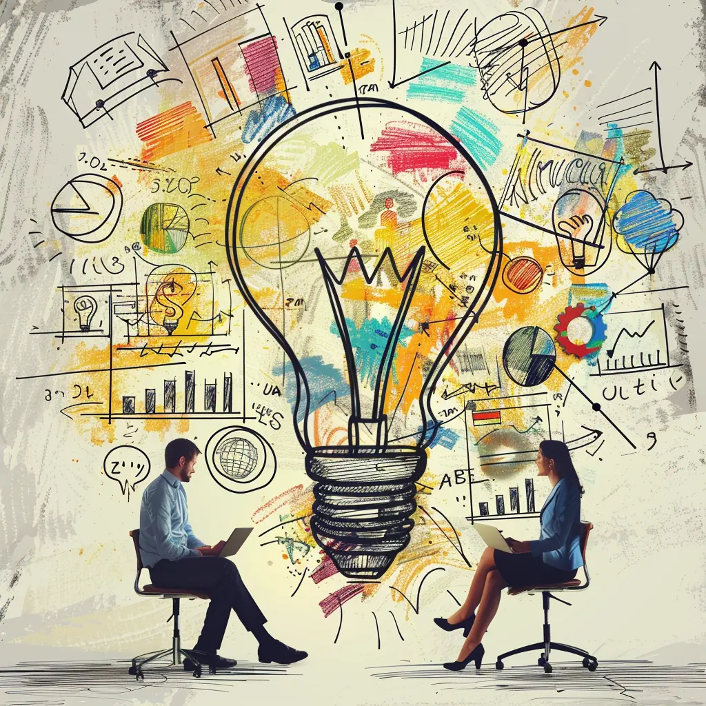 Illustration of two people beside a light bulb surrounded by drawings and charts