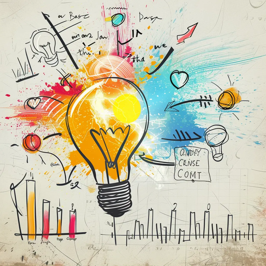 Illustration of a light bulb with drawings and charts of business ideas