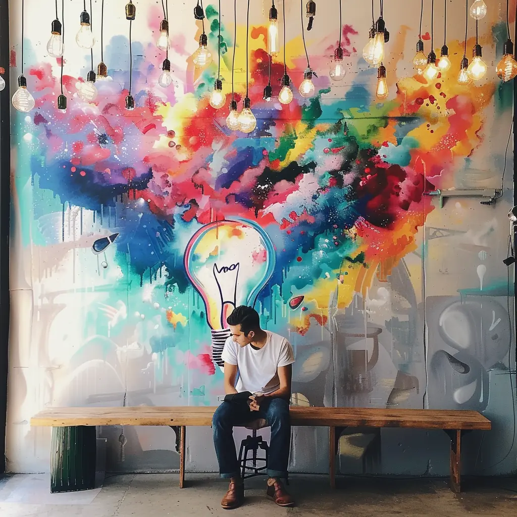 Illustration of a person sitting beside a colourful mural and a light bulb