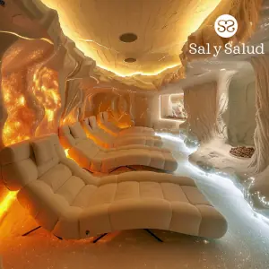 Visualización de una cueva iluminada en tonos cálidos con varias tumbonas vacías