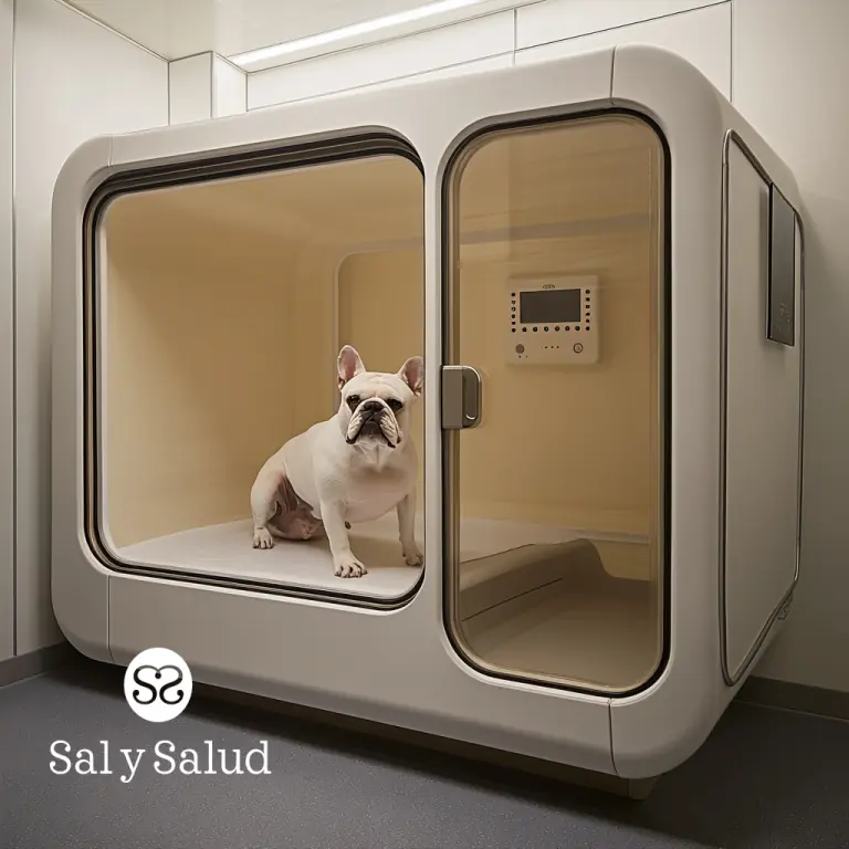 Visualización de un perro dentro de una cabina individual con puertas acristaladas