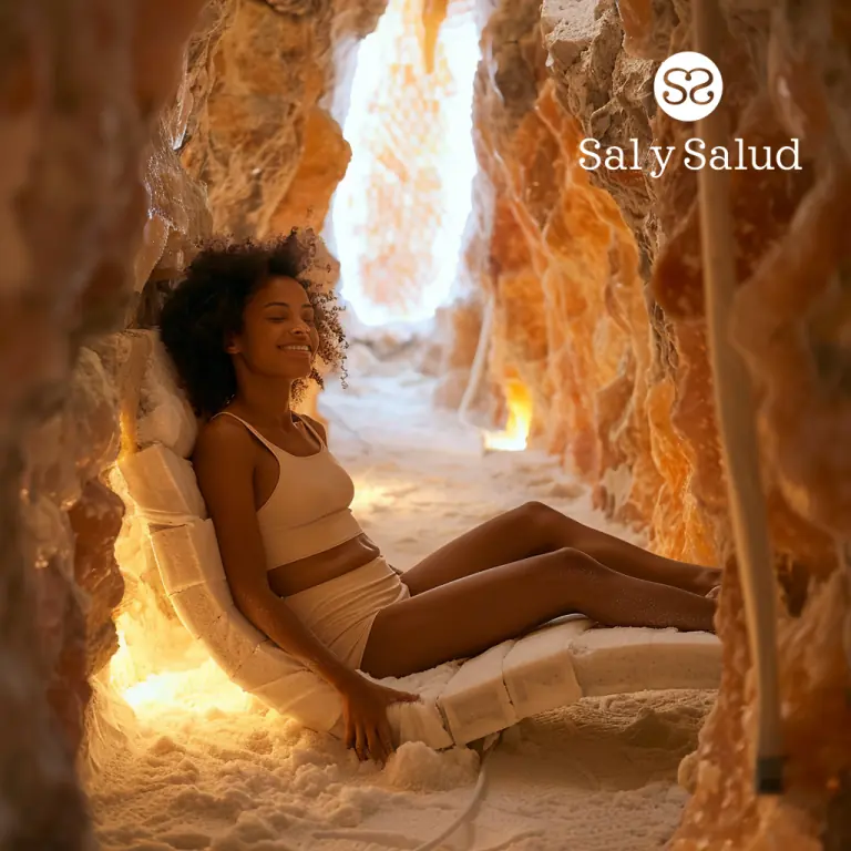 Visualization of a woman reclining on a chair in a cave with warm lighting