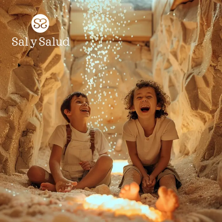 Visualization of two children smiling beneath suspended points of light in a cave
