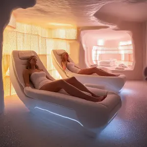 Visualization of adults reclining in a room with illuminated individual spaces
